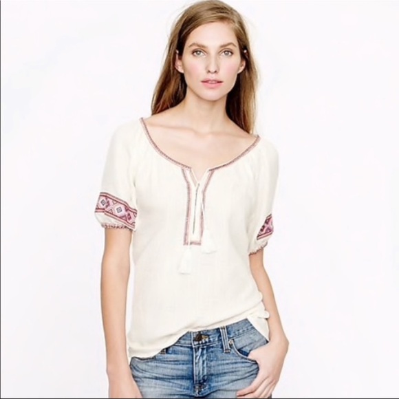 J. Crew Tops J Crew Embroidered Gauze Peasant Tunic Poshmark